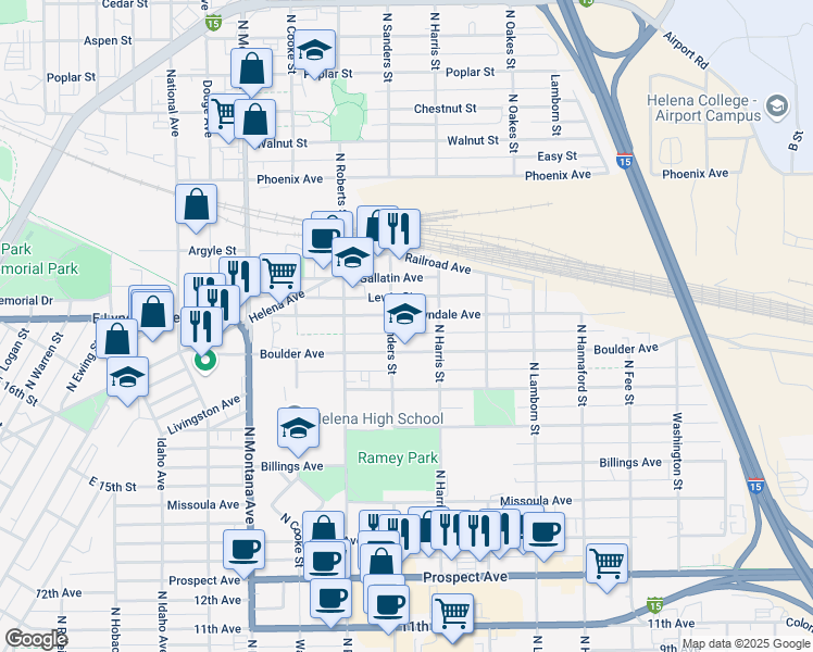 map of restaurants, bars, coffee shops, grocery stores, and more near 1518 Boulder Avenue in Helena