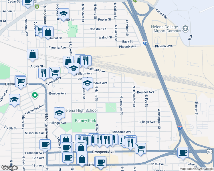 map of restaurants, bars, coffee shops, grocery stores, and more near 1704 Boulder Avenue in Helena