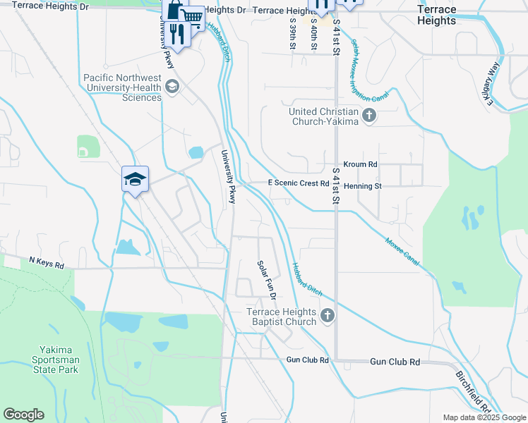 map of restaurants, bars, coffee shops, grocery stores, and more near 3701 Gun Club Road in Yakima