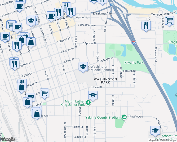map of restaurants, bars, coffee shops, grocery stores, and more near 601 South 9th Street in Yakima