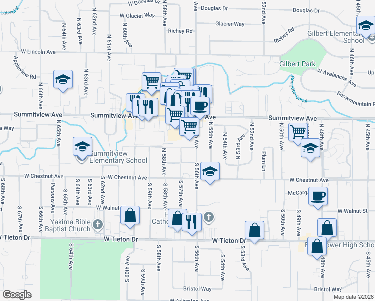 map of restaurants, bars, coffee shops, grocery stores, and more near 100 North 56th Avenue in Yakima