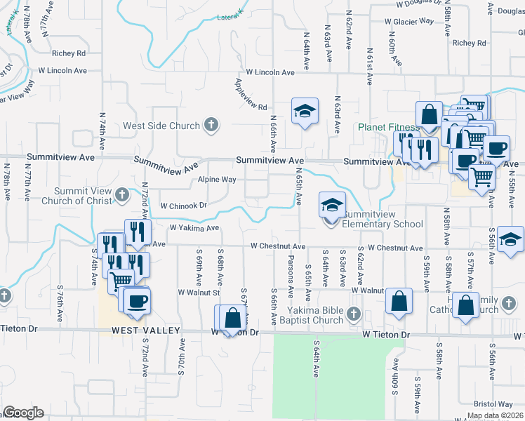 map of restaurants, bars, coffee shops, grocery stores, and more near 10 S 66th Ave in Yakima
