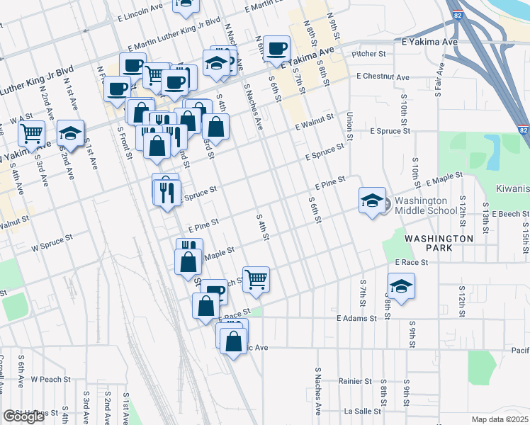 map of restaurants, bars, coffee shops, grocery stores, and more near 403 South 4th Street in Yakima