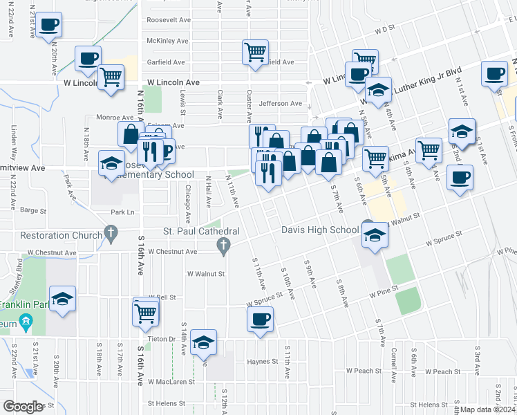 map of restaurants, bars, coffee shops, grocery stores, and more near 2 South 10th Avenue in Yakima