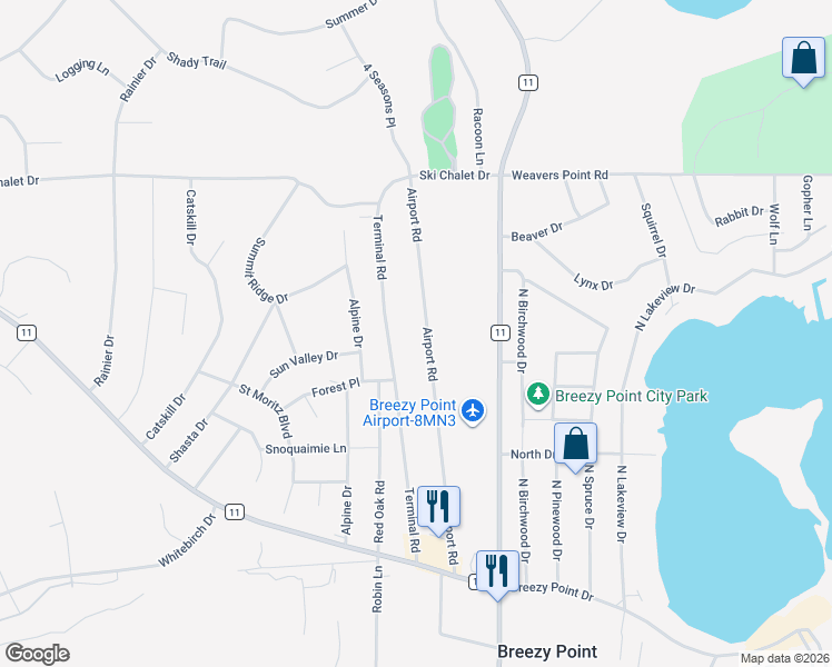 map of restaurants, bars, coffee shops, grocery stores, and more near 30634 Airport Road in Pequot Lakes