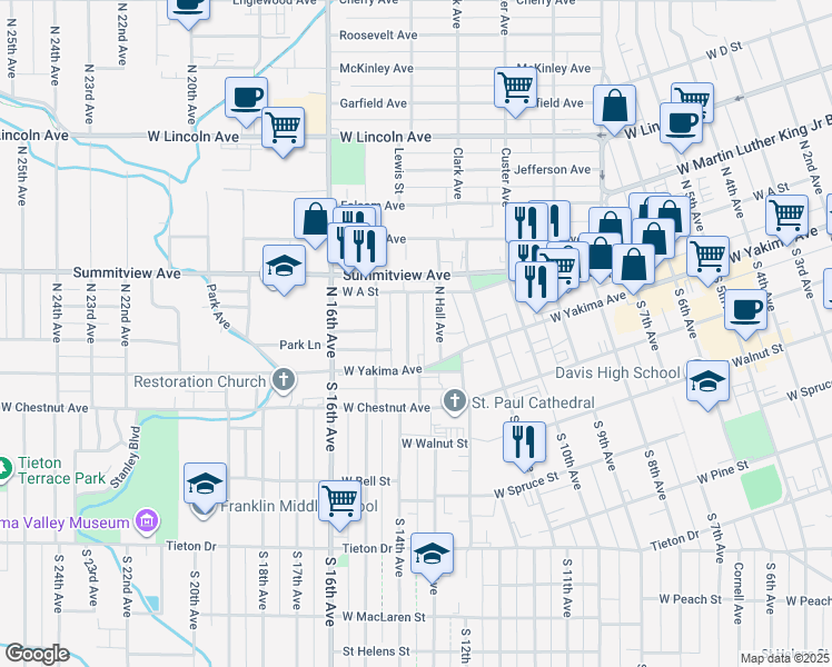 map of restaurants, bars, coffee shops, grocery stores, and more near 1203 West Yakima Avenue in Yakima