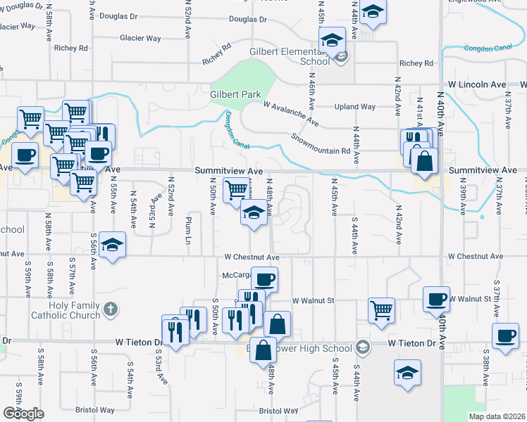 map of restaurants, bars, coffee shops, grocery stores, and more near 14 N 48th Ave in Yakima