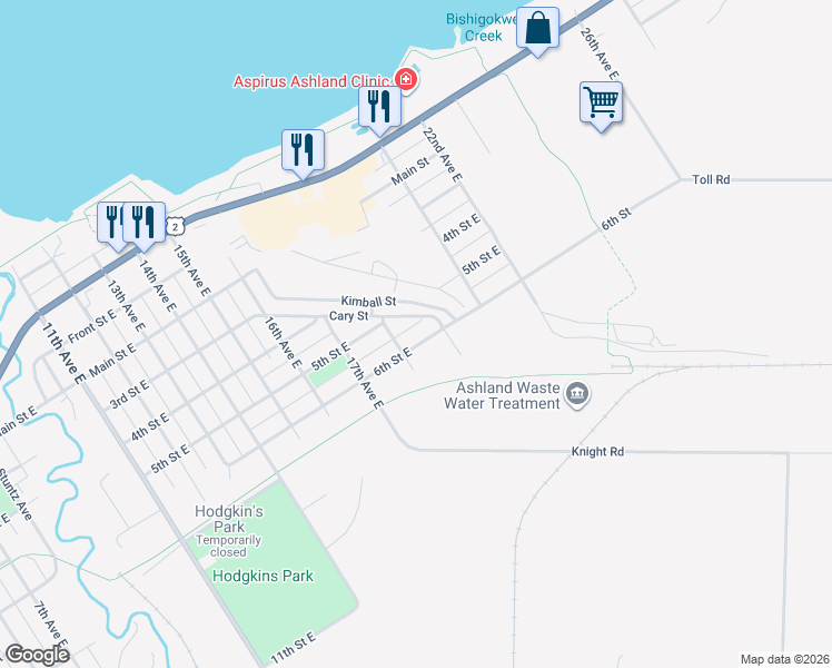 map of restaurants, bars, coffee shops, grocery stores, and more near 1806 6th Street East in Ashland