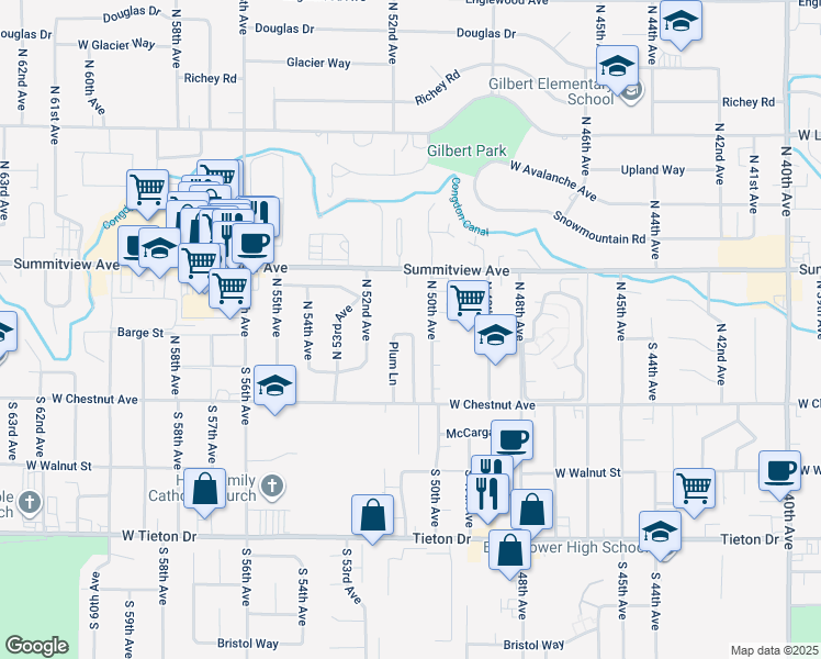 map of restaurants, bars, coffee shops, grocery stores, and more near 120 North 50th Avenue in Yakima