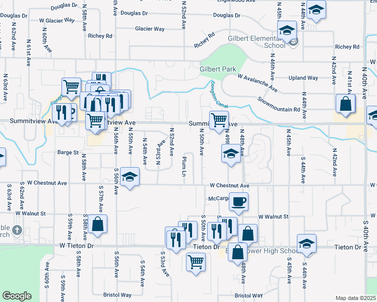 map of restaurants, bars, coffee shops, grocery stores, and more near 129 North 52nd Avenue in Yakima