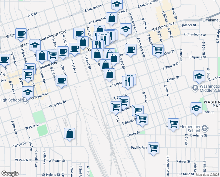 map of restaurants, bars, coffee shops, grocery stores, and more near 231 S 1st St in Yakima