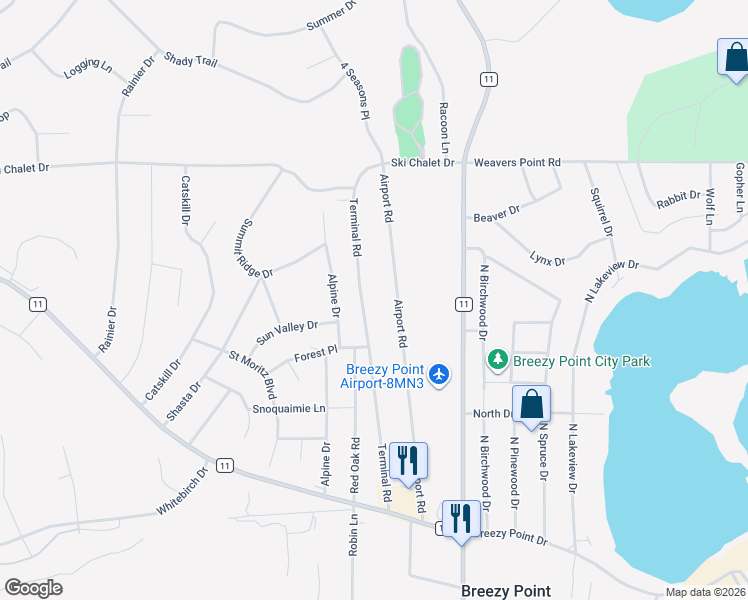 map of restaurants, bars, coffee shops, grocery stores, and more near 30754 Airport Road in Breezy Point