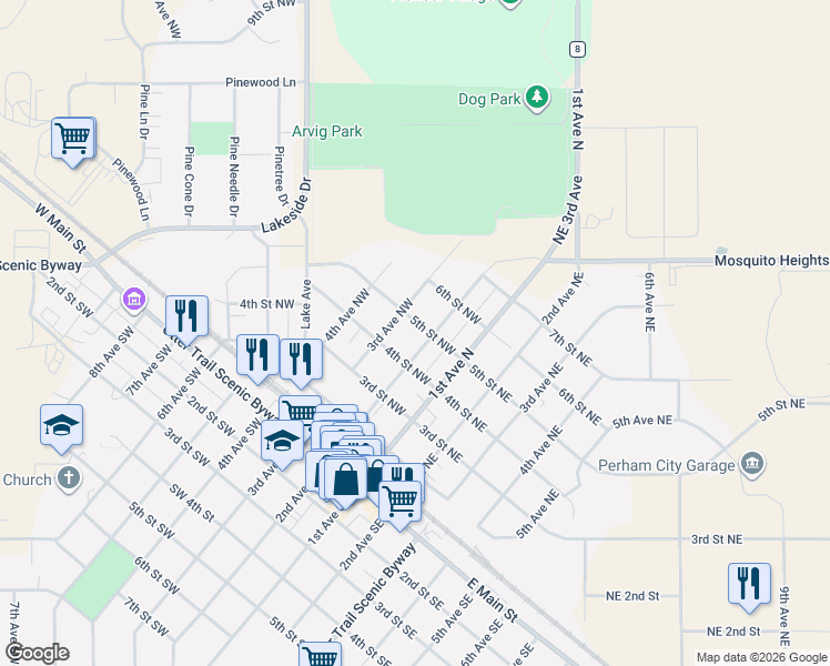 map of restaurants, bars, coffee shops, grocery stores, and more near 513 3rd Avenue Northeast in Perham
