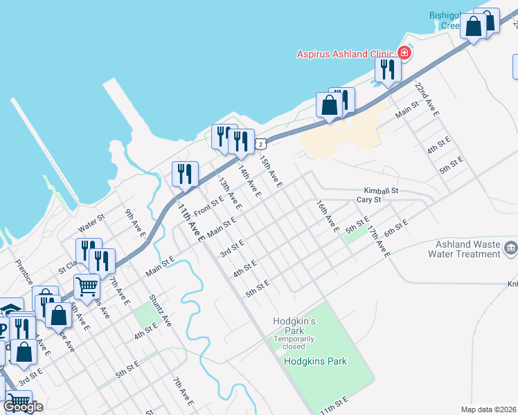 map of restaurants, bars, coffee shops, grocery stores, and more near 116 North 14th Avenue East in Ashland