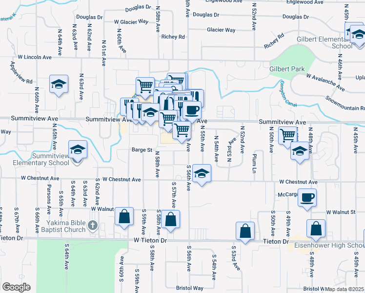map of restaurants, bars, coffee shops, grocery stores, and more near 5606 Summitview Avenue in Yakima