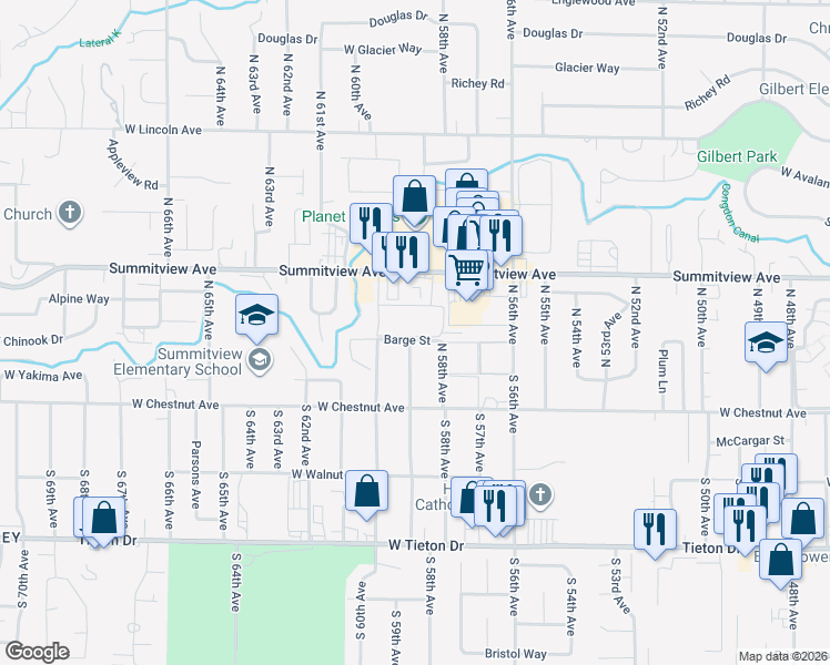 map of restaurants, bars, coffee shops, grocery stores, and more near 5901 Barge Street in Yakima