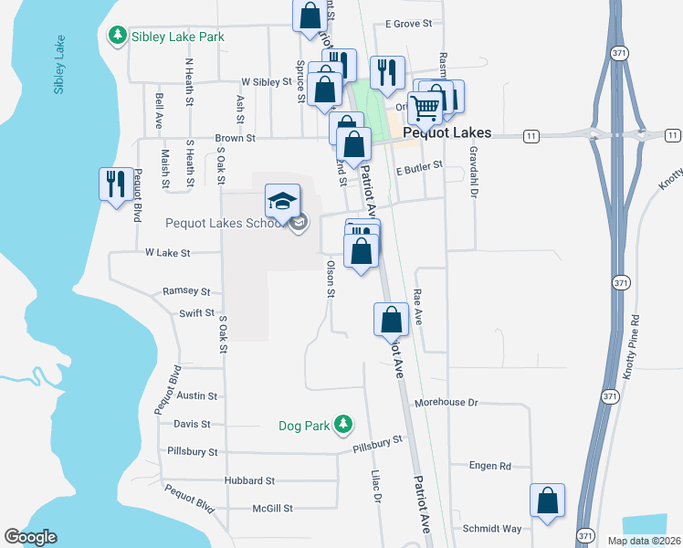 map of restaurants, bars, coffee shops, grocery stores, and more near 4285 West Lake Street in Pequot Lakes