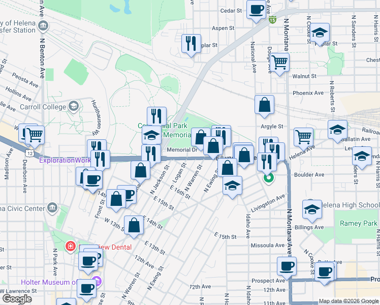 map of restaurants, bars, coffee shops, grocery stores, and more near 102 East Lyndale Avenue in Helena