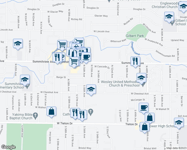 map of restaurants, bars, coffee shops, grocery stores, and more near 103 North 55th Avenue in Yakima