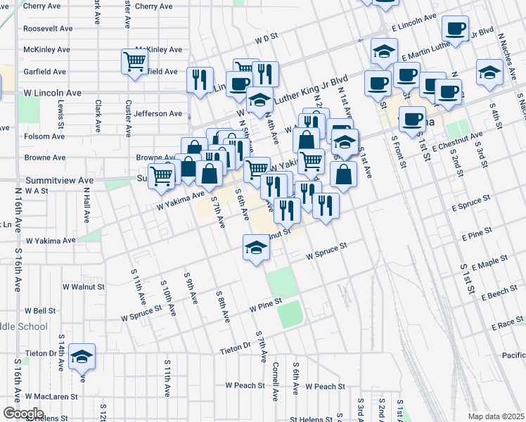 map of restaurants, bars, coffee shops, grocery stores, and more near 14 South 5th Avenue in Yakima