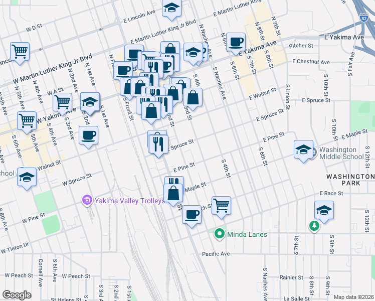 map of restaurants, bars, coffee shops, grocery stores, and more near 12 East Spruce Street in Yakima