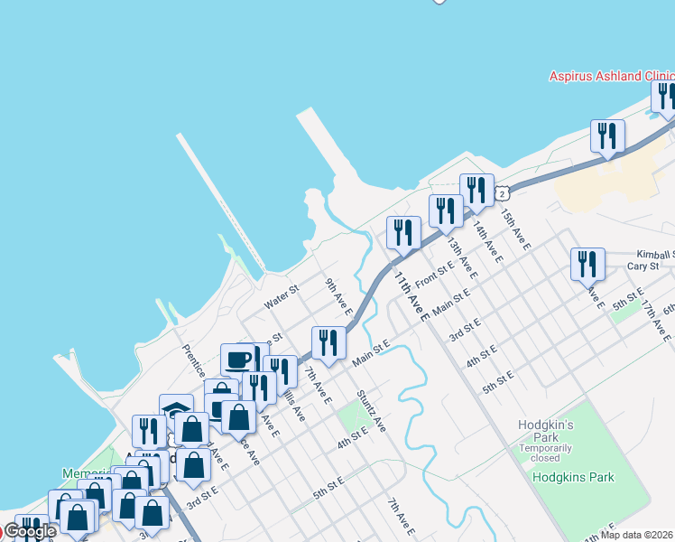 map of restaurants, bars, coffee shops, grocery stores, and more near 912 Water Street in Ashland