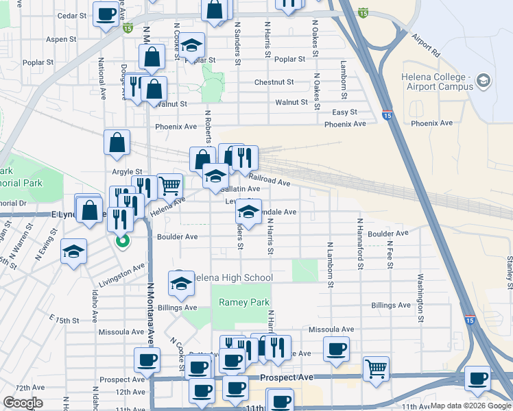 map of restaurants, bars, coffee shops, grocery stores, and more near 1517 Gallatin Avenue in Helena