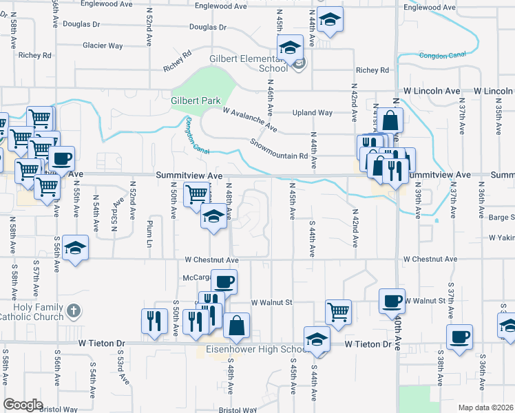map of restaurants, bars, coffee shops, grocery stores, and more near 101 North 48th Avenue in Yakima