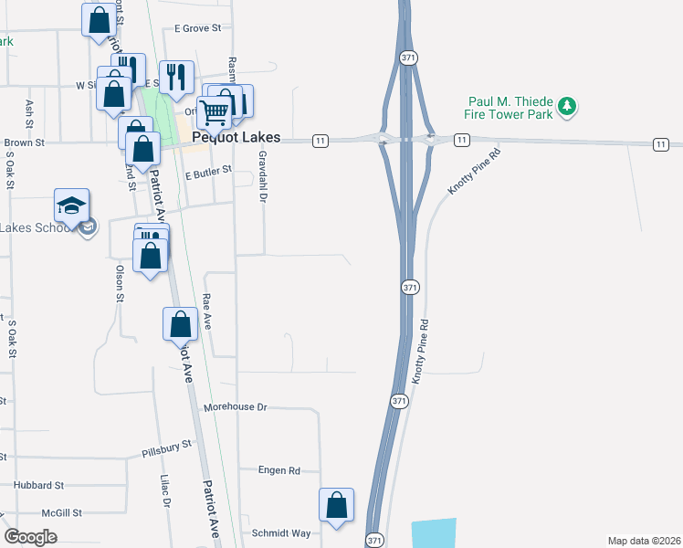 map of restaurants, bars, coffee shops, grocery stores, and more near 30804 Gravdahl Drive in Pequot Lakes