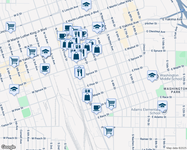 map of restaurants, bars, coffee shops, grocery stores, and more near 12 East Spruce Street in Yakima