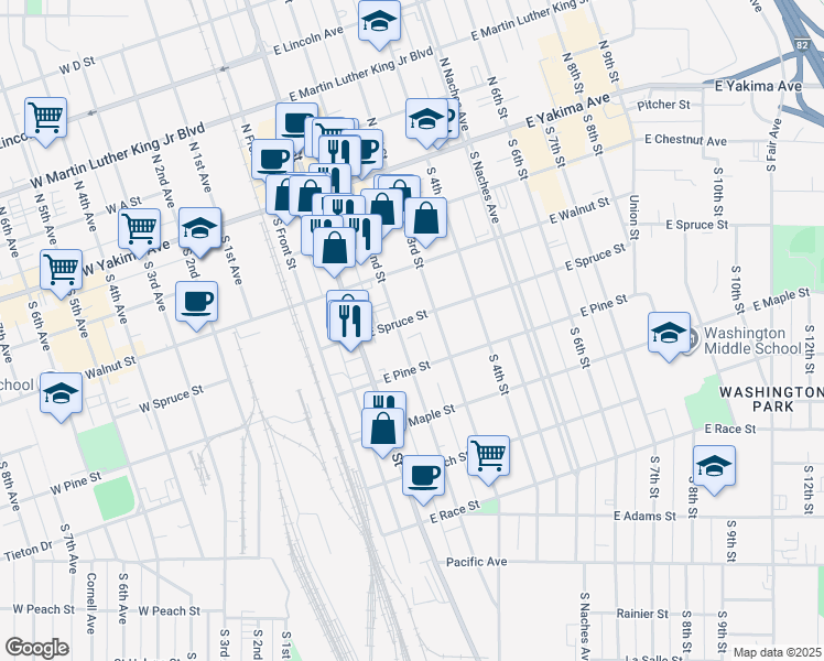 map of restaurants, bars, coffee shops, grocery stores, and more near 12 East Spruce Street in Yakima