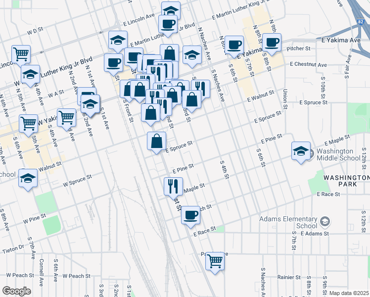 map of restaurants, bars, coffee shops, grocery stores, and more near 12 East Spruce Street in Yakima