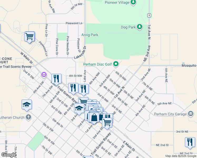 map of restaurants, bars, coffee shops, grocery stores, and more near 430 4th Avenue Northwest in Perham