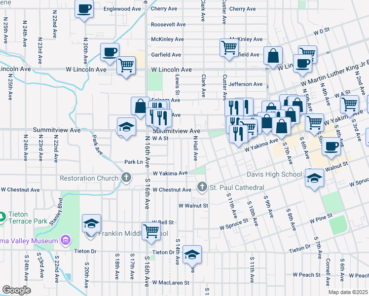 map of restaurants, bars, coffee shops, grocery stores, and more near 25 Chicago Avenue in Yakima