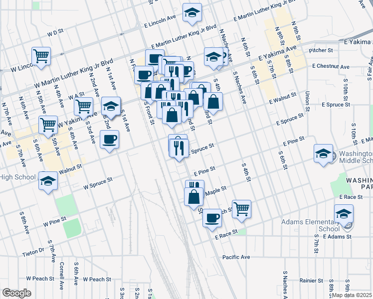map of restaurants, bars, coffee shops, grocery stores, and more near 231 S 1st St in Yakima