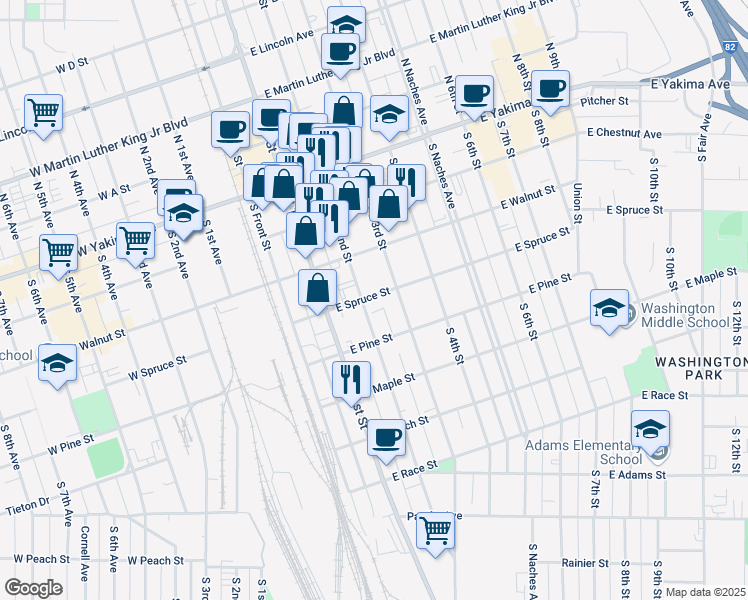 map of restaurants, bars, coffee shops, grocery stores, and more near 12 East Spruce Street in Yakima