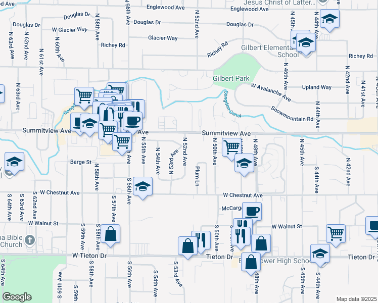 map of restaurants, bars, coffee shops, grocery stores, and more near 129 North 52nd Avenue in Yakima
