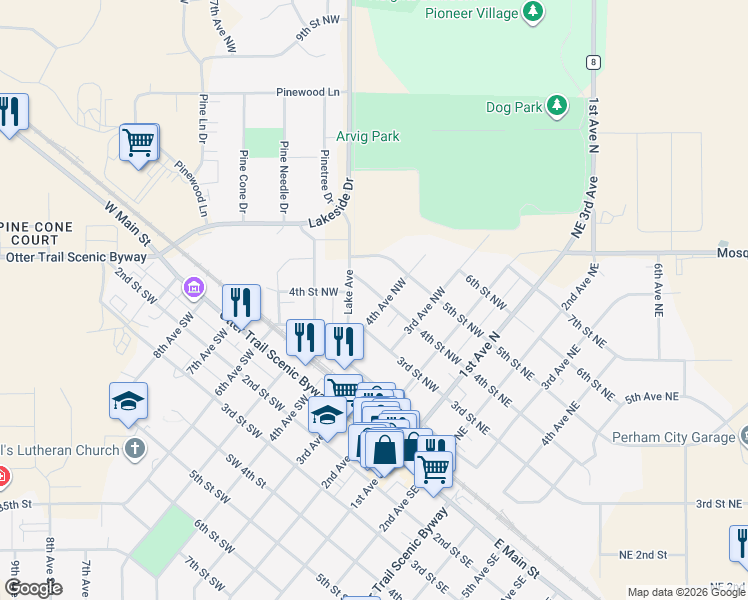 map of restaurants, bars, coffee shops, grocery stores, and more near 355 4th Avenue Southwest in Perham