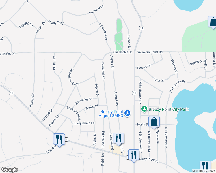 map of restaurants, bars, coffee shops, grocery stores, and more near 30754 Airport Road in Breezy Point