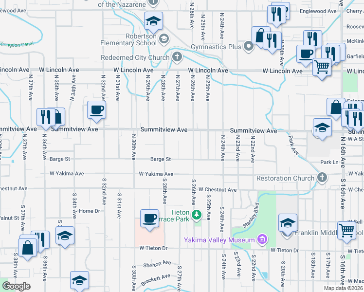 map of restaurants, bars, coffee shops, grocery stores, and more near 111 North 27th Avenue in Yakima
