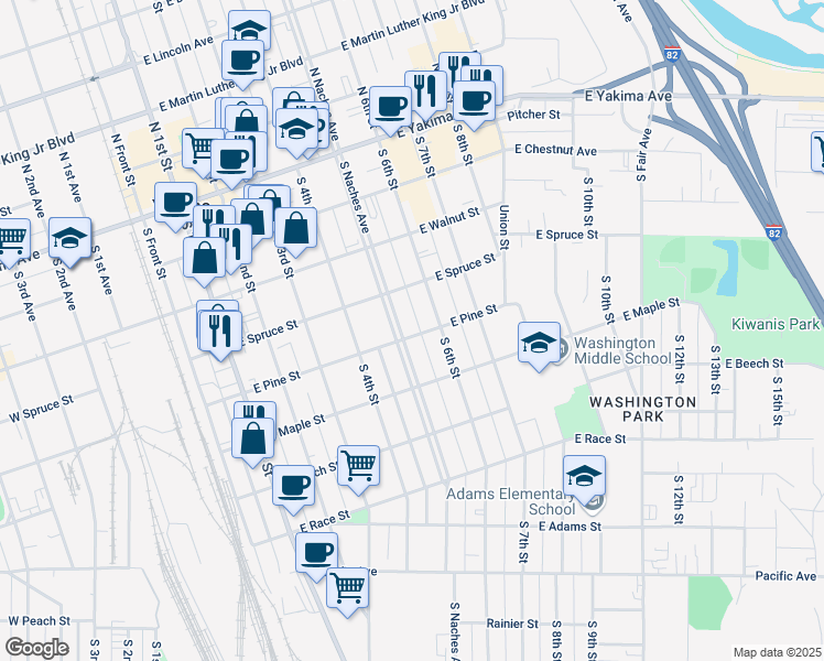 map of restaurants, bars, coffee shops, grocery stores, and more near 316 South 6th Street in Yakima