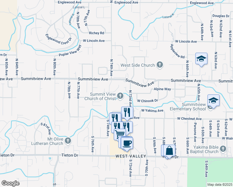 map of restaurants, bars, coffee shops, grocery stores, and more near 115 Alpine Way in Yakima