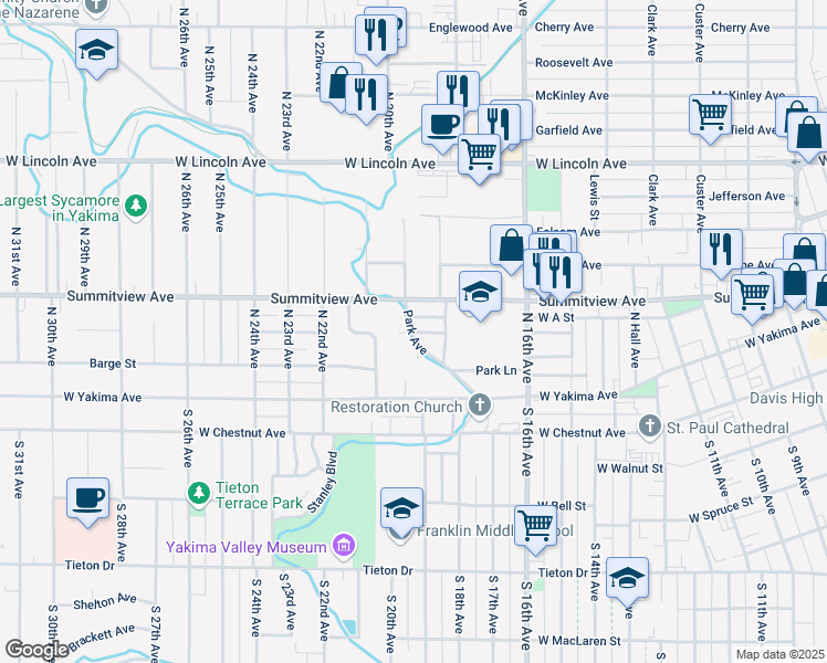 map of restaurants, bars, coffee shops, grocery stores, and more near 114 Park Avenue in Yakima
