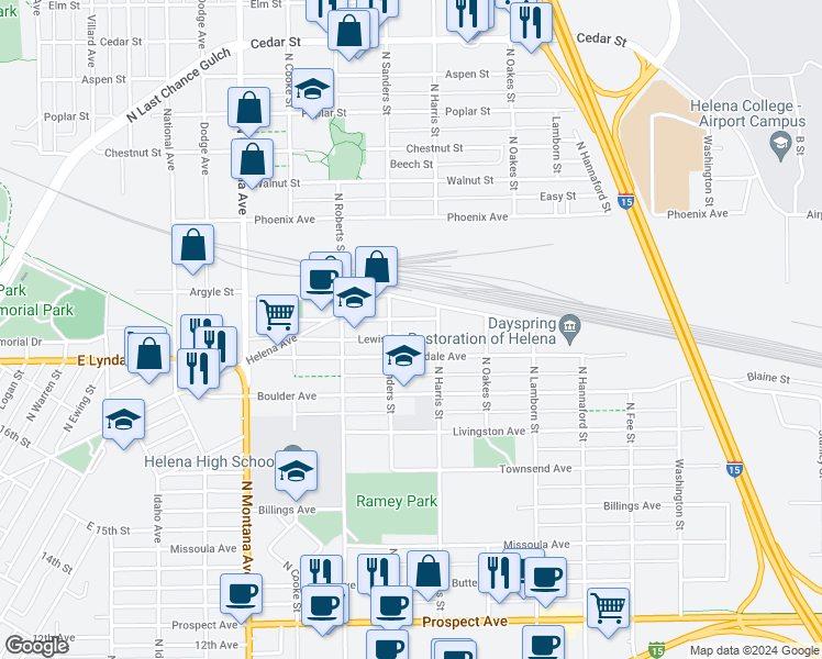 map of restaurants, bars, coffee shops, grocery stores, and more near 1517 Gallatin Avenue in Helena