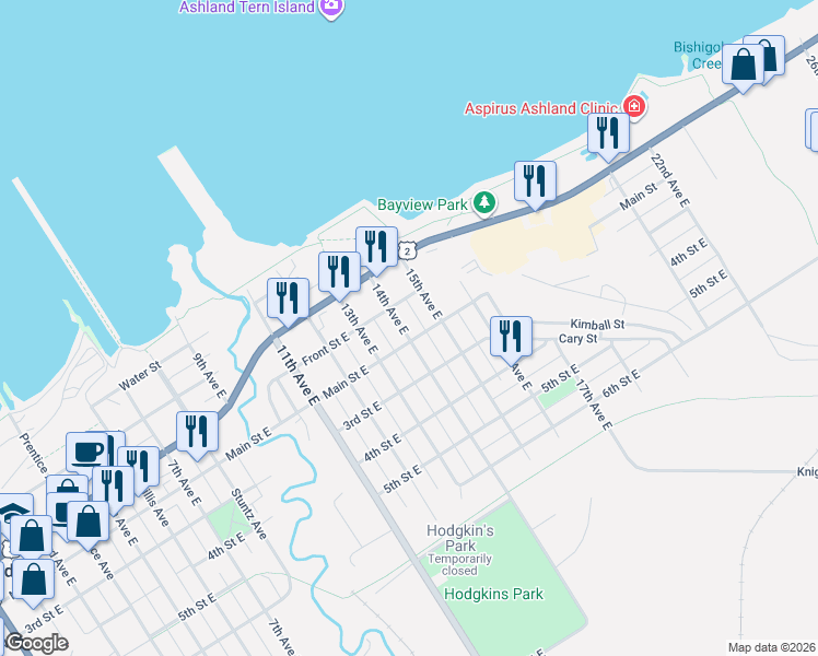 map of restaurants, bars, coffee shops, grocery stores, and more near 116 North 14th Avenue East in Ashland