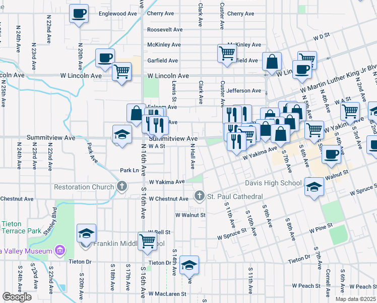 map of restaurants, bars, coffee shops, grocery stores, and more near 20 Hall Avenue in Yakima