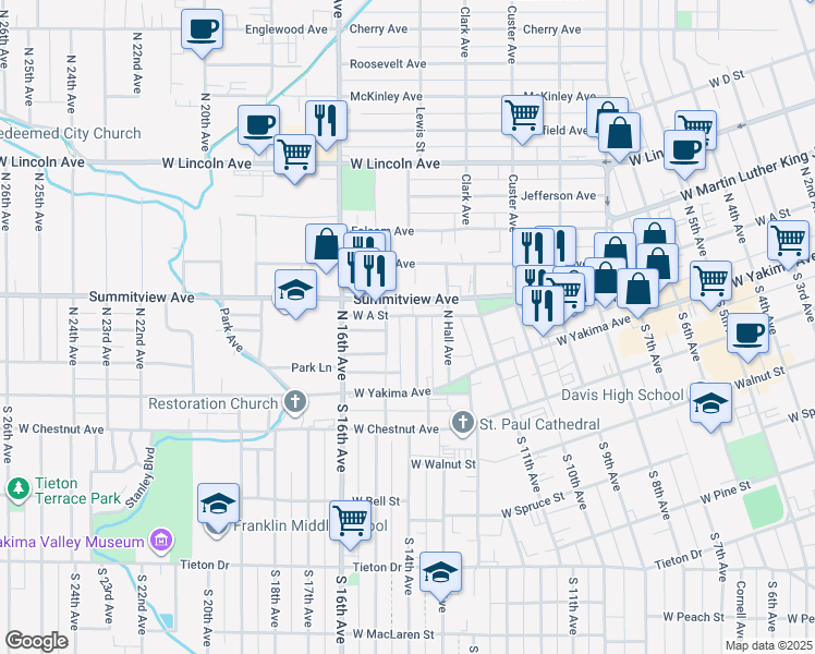 map of restaurants, bars, coffee shops, grocery stores, and more near 26 North Chicago Avenue in Yakima
