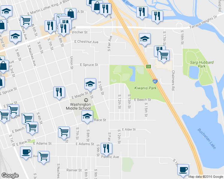 map of restaurants, bars, coffee shops, grocery stores, and more near 507 South Fair Avenue in Yakima
