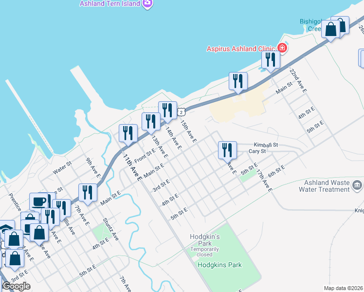 map of restaurants, bars, coffee shops, grocery stores, and more near 116 North 14th Avenue East in Ashland