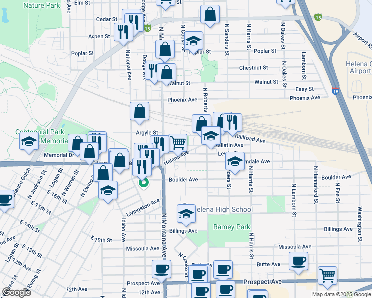 map of restaurants, bars, coffee shops, grocery stores, and more near 1314 Helena Avenue in Helena
